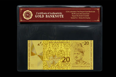 Ringgit della Malesia 20 impresso in 24 pacchetti di plastica del supporto della banconota pura dell'oro di carati